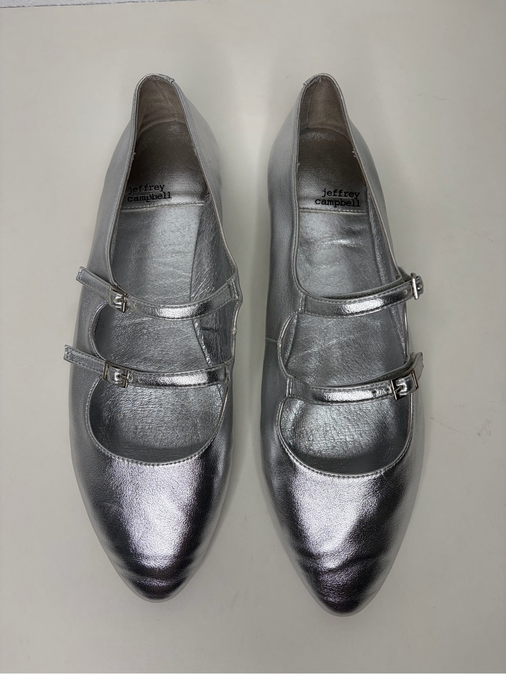 Jeffrey Campbell Satine Metallic Silver Double-Strap Mary Jane Flats size 9